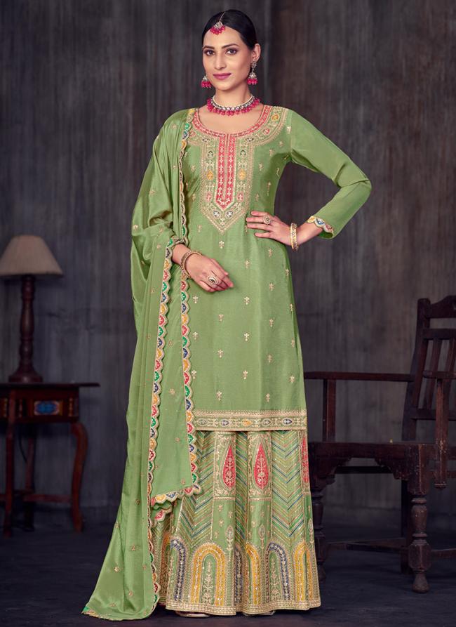 Heavy Premium Chinnon Green Wedding Wear Embroidery Work Readymade Sharara Suit